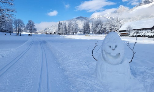 Bestens präparierte Langlaufloipe und ein Schneemann