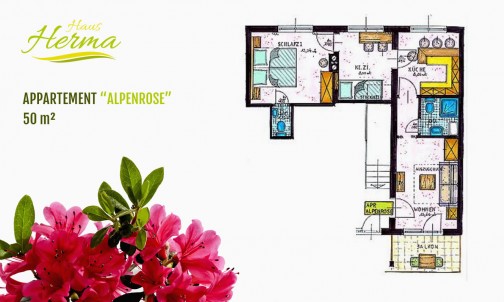 Zimmerskizze des Appartements Alpenrose im Haus Herma in Ramsau