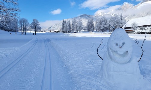 Top präparierte Langlaufloipen und daneben ein Schneemann